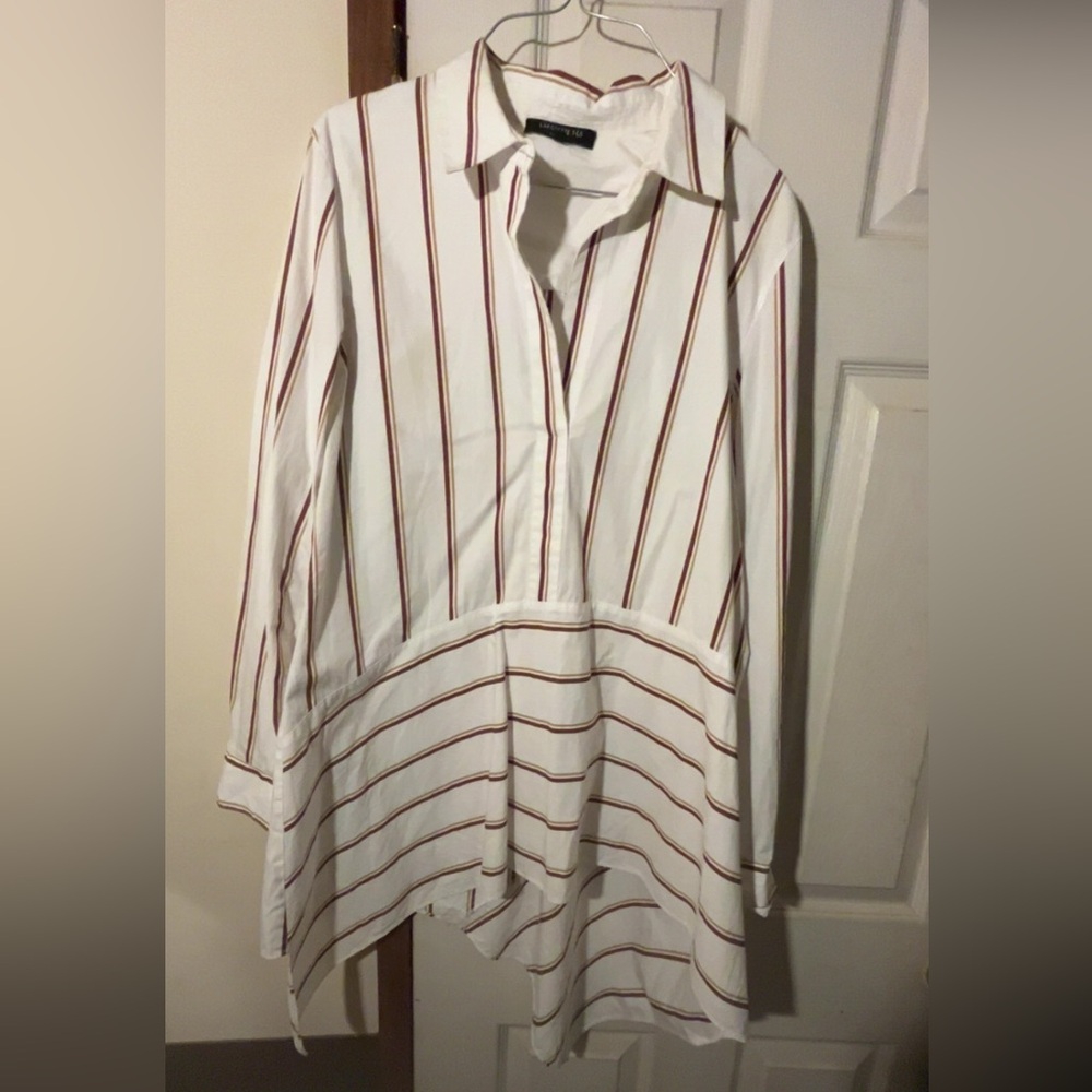 Lafayette 148 New York White Blouse with Rust Stripe Detail